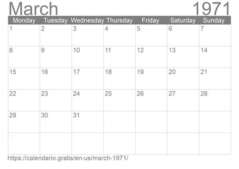 Calendar For March 1971